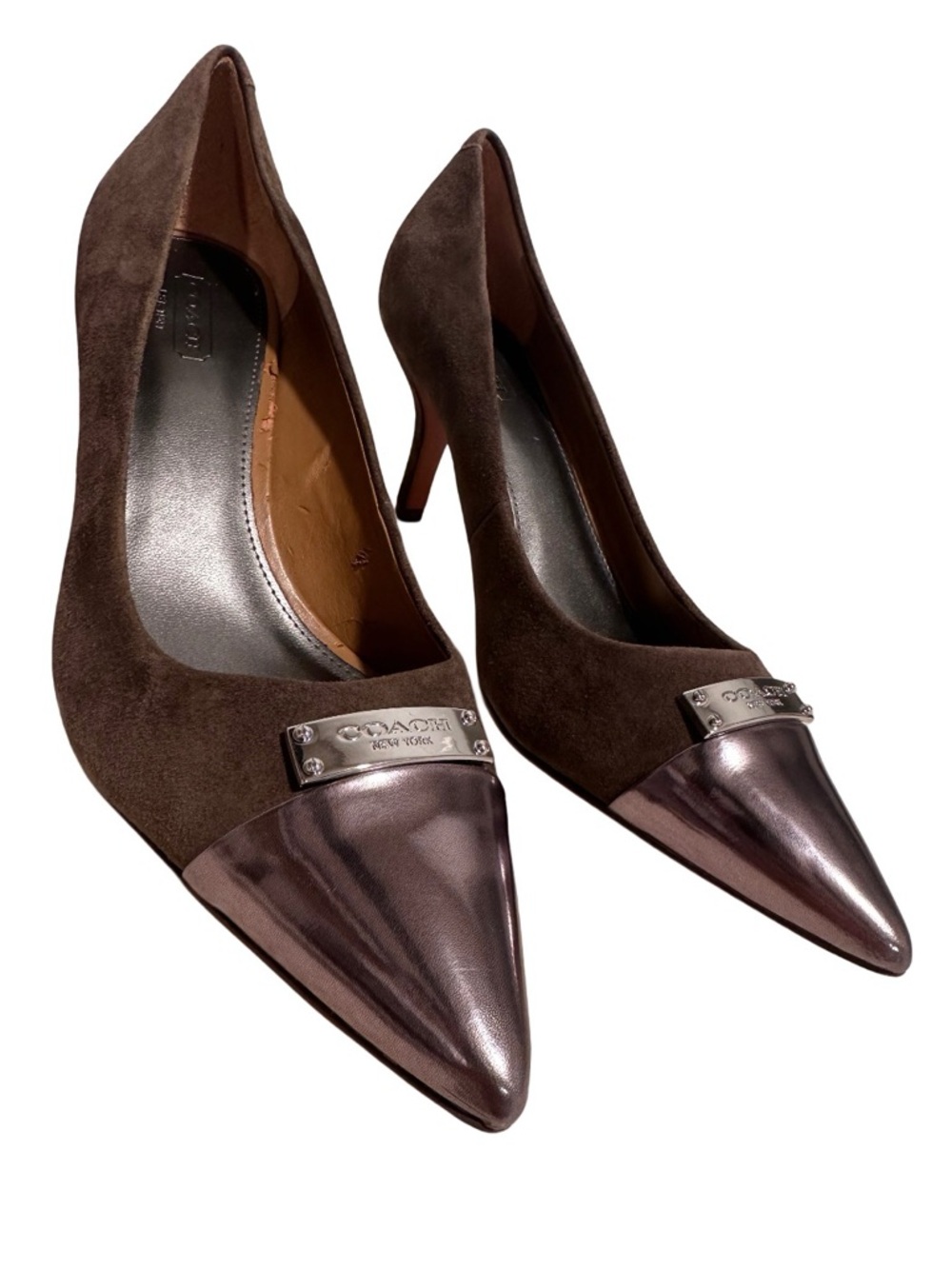 COACH Zan Brown Suede Metallic Cap Toe Pointed Pumps Heels Silver - Size 9B GUC - Picture 6 of 17